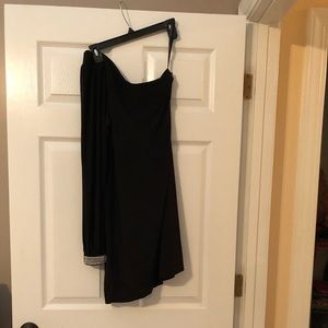 One shoulder long sleeve little black dress.